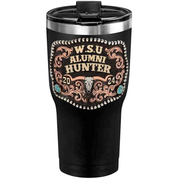 A customized tumbler made of stainless steel with a personalized engraved initials and Alumni Hunter lettering, 30 oz, ideal for coffee or cool drinks